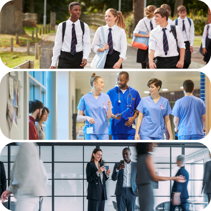 students in an education setting walking, hospital staff walking through corridor, corporate staff in an office