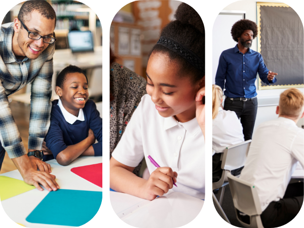 a multi graphic image showing a range of different classrooms with school students