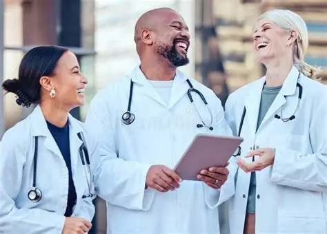 Healthcare workers gathered round iPad laughing Healthcare workers gathered round iPad laughing