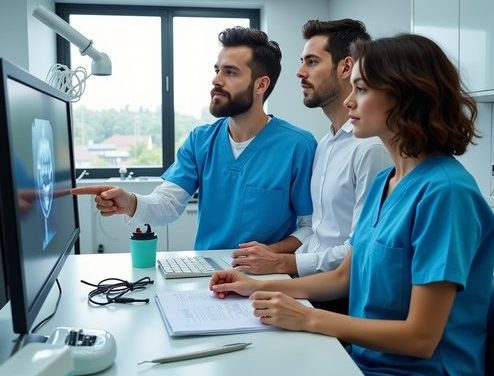 Healthcare workers gathered around computer pointing at the screen, looking at a scan Healthcare workers gathered around computer pointing at the screen, looking at a scan