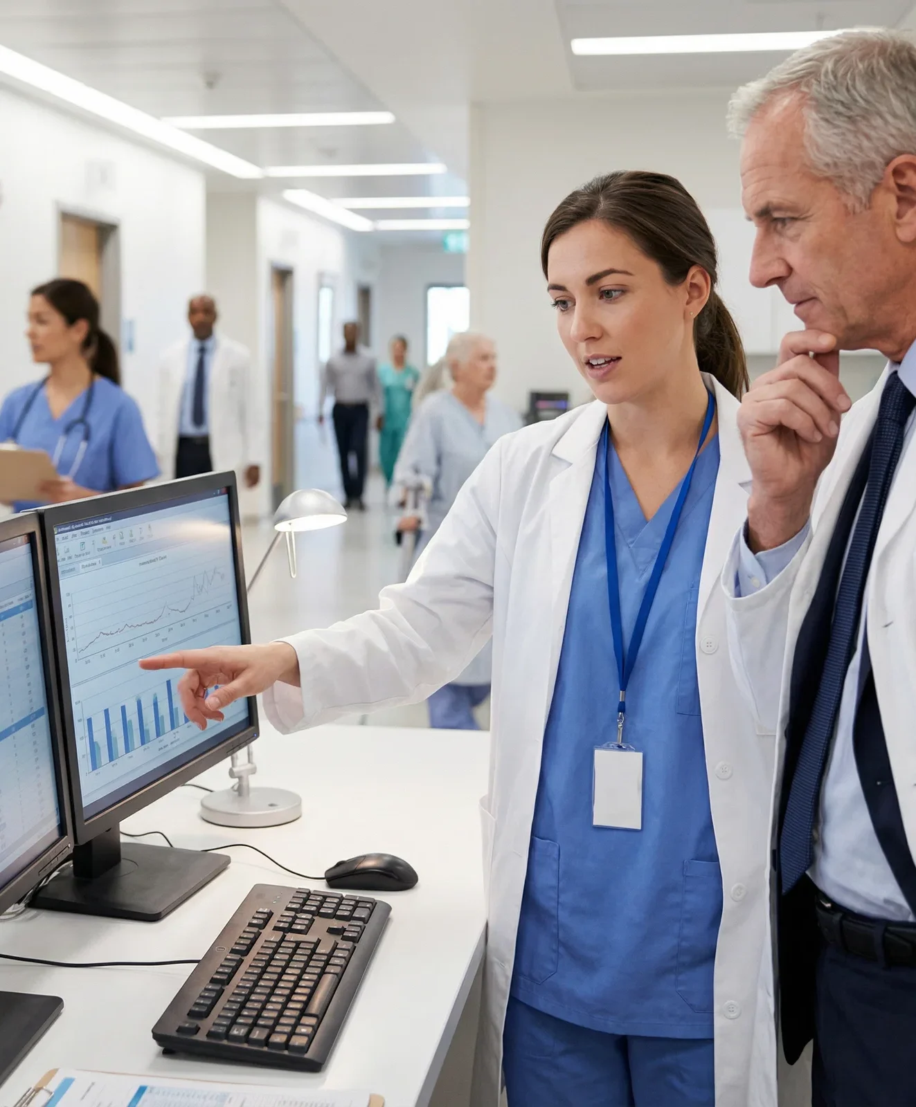 Healthcare workers looking at a chart on a computer Healthcare workers looking at a chart on a computer